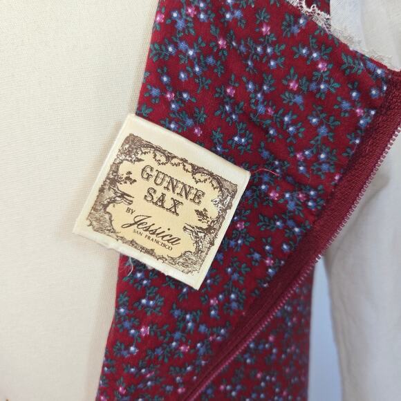 Gunne Sax Peplum Midi Dress Size 9 Burgundy Floral Calico Velvet Corset 70s VTG - Picture 10 of 10